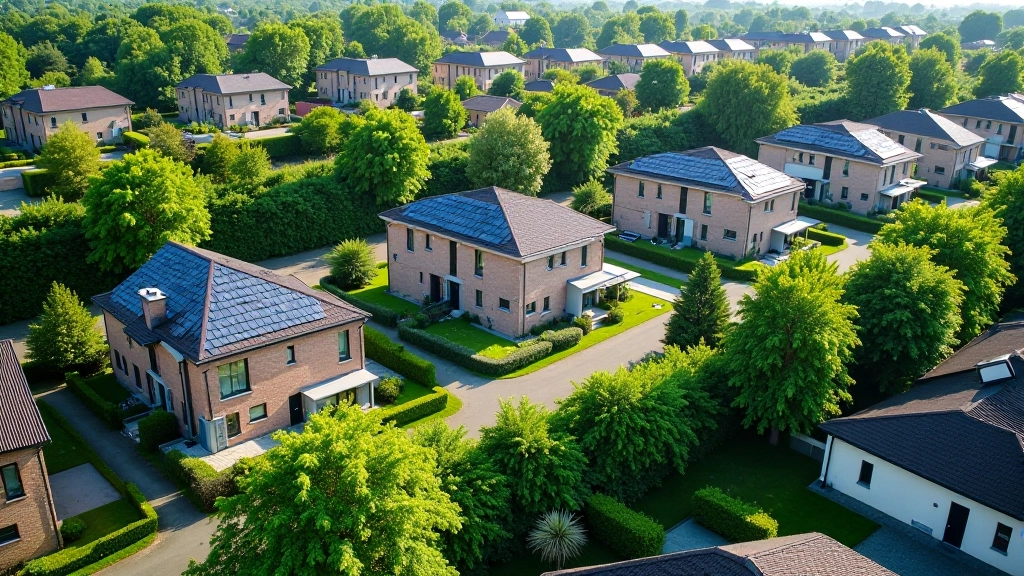 Luftaufnahme eines modernen Wohnviertels mit Häusern und installierten Solaranlagen auf Dächern zur Emissionsreduktion