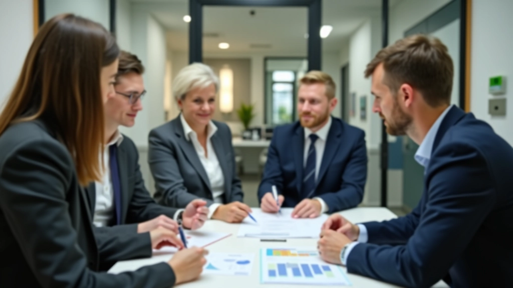 Geschäftsleute in Besprechung, die Nachhaltigkeitsziele und Emissionsreduktionspläne diskutieren