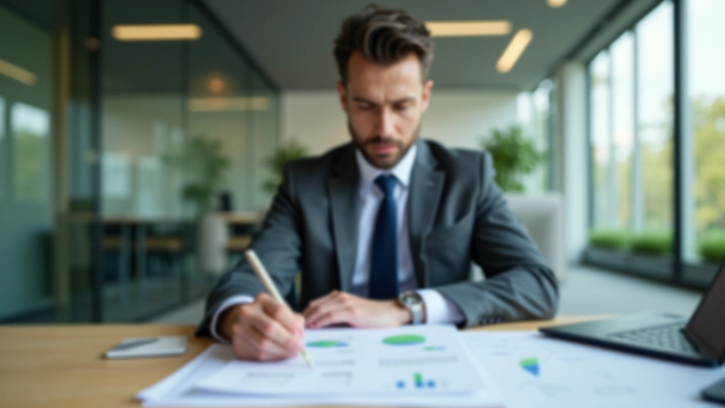 Finanzanalyst mit Laptop beim Betrachten von grünen Anleihen-Dokumenten