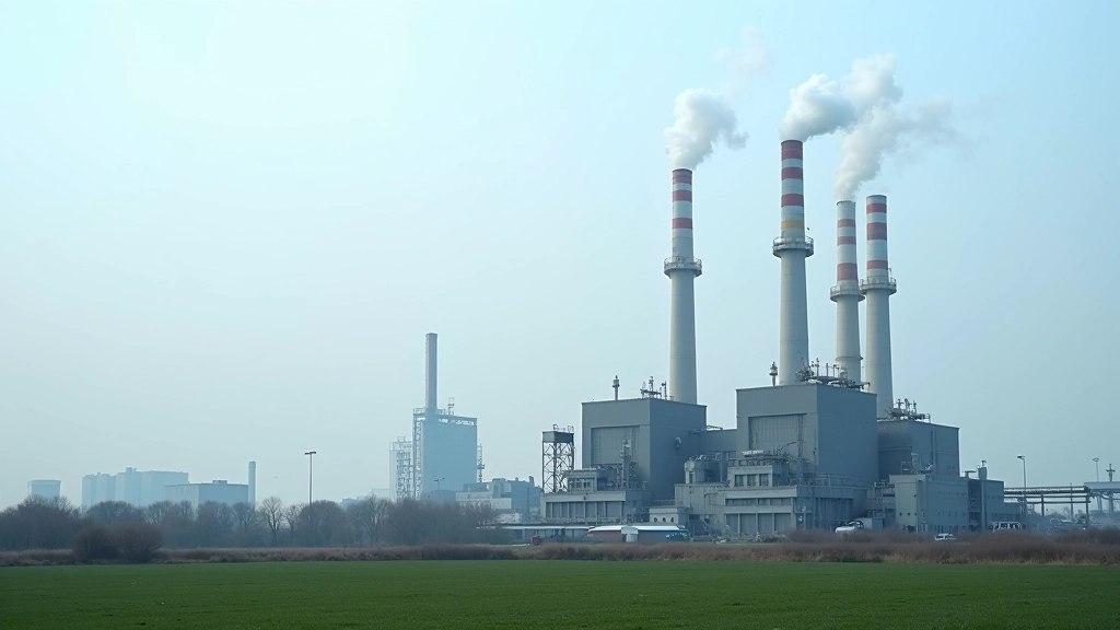 Industrielle Produktionsanlage mit modernen Emissionsfiltern und Überwachungstechnologie zur Kontrolle von Treibhausgasen