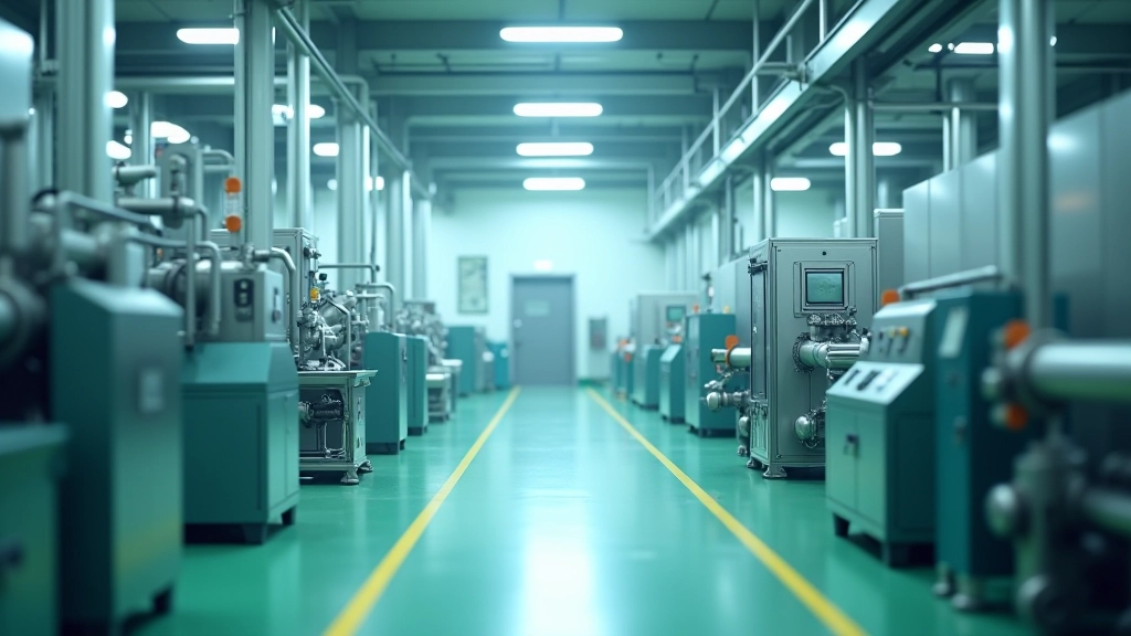 Industrieller Produktionsbereich mit modernen Anlagen und Emissionsschutzausrüstung in modernem Fabrikumfeld