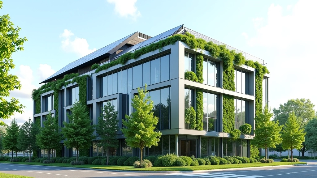 Bürogebäude mit Solarpanelen auf dem Dach und grüner Fassade