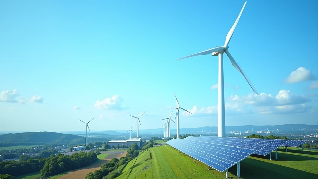 Grüne Windkraftanlage und Solarmodule in moderner Industrieanlage mit blauem Himmel
