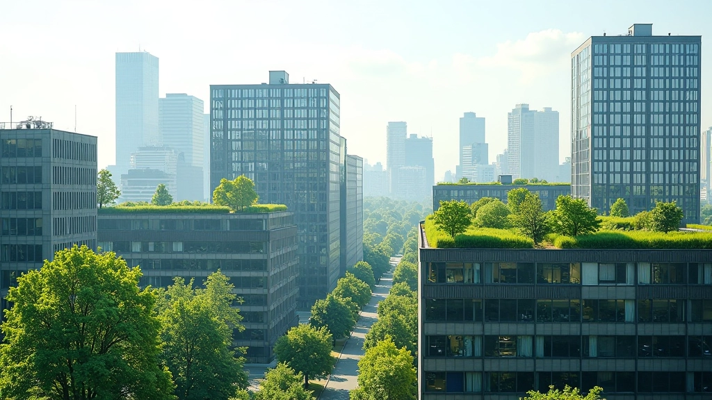 Stadtlandschaft mit modernen nachhaltigen Gebäuden und Solaranlagen