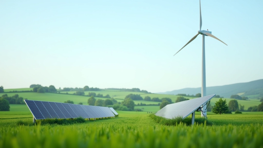 Moderne Windkraftanlage in grüner Landschaft mit Solarfeldern im Hintergrund