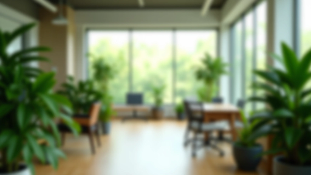 Nachhaltige Büroumgebung mit Pflanzen, grüner Architektur und modernem Arbeitsplatz